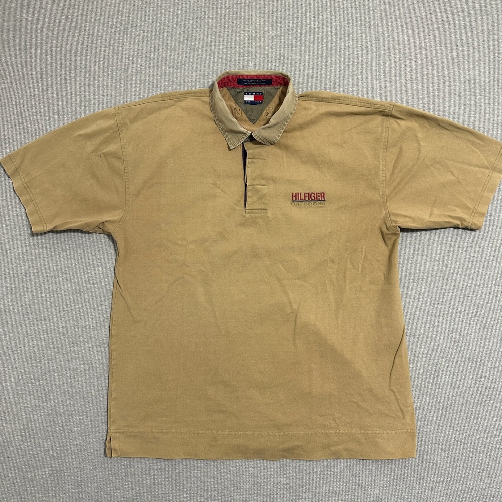 Vintage Tommy Hilfiger Outdoors Rugby Polo Shirt Short Sleeve Tan Mens XL